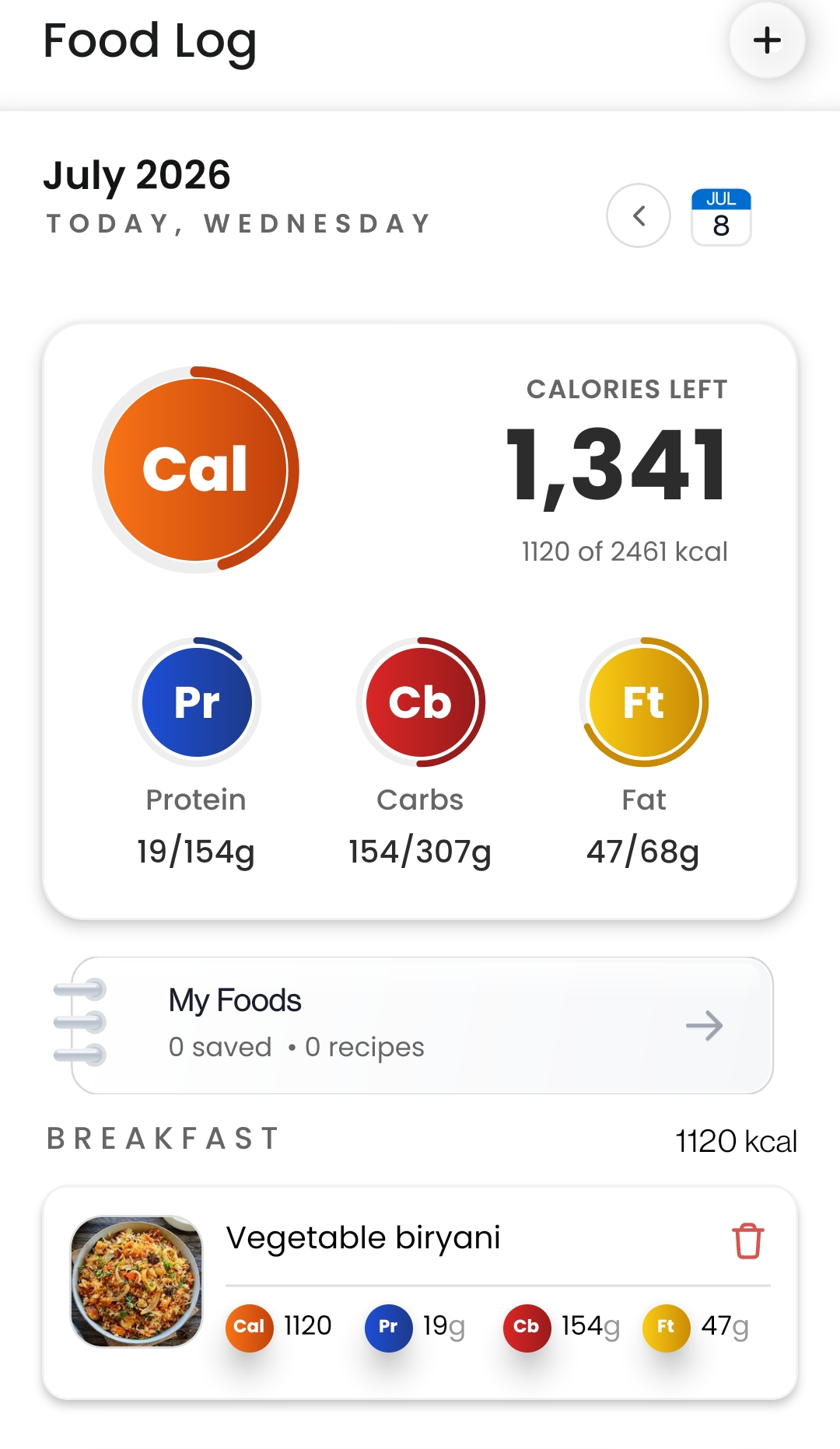 ScoopWell Food Log — calories left, macros, and today's meals